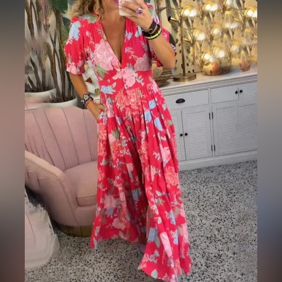 Amazon Dresses & Skirts - Red, colorful, floral, V-neck button, short sleeve maxi dress with waist belt